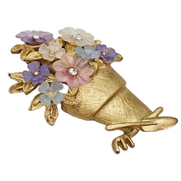 LIA Lucite Pink, Purple Blooms Garden Tools  Flower Pot Brooch Pin, Signed L496 - Picture 4 of 8
